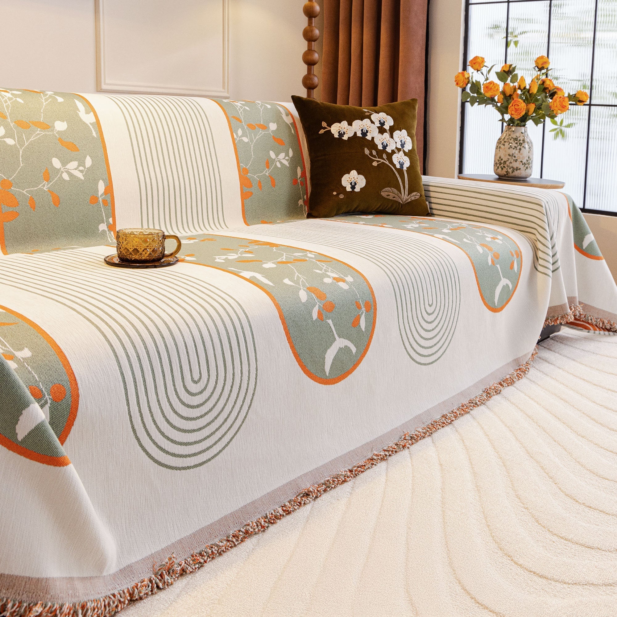Non-Slip Modern Geometric Chenille Tassels Sofa Couch Cover