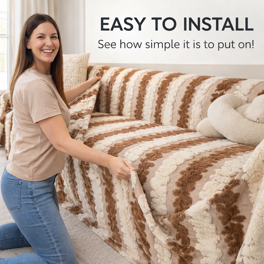 Elegant Fleece Fuzzy Plush Striped Sofa Couch Cover