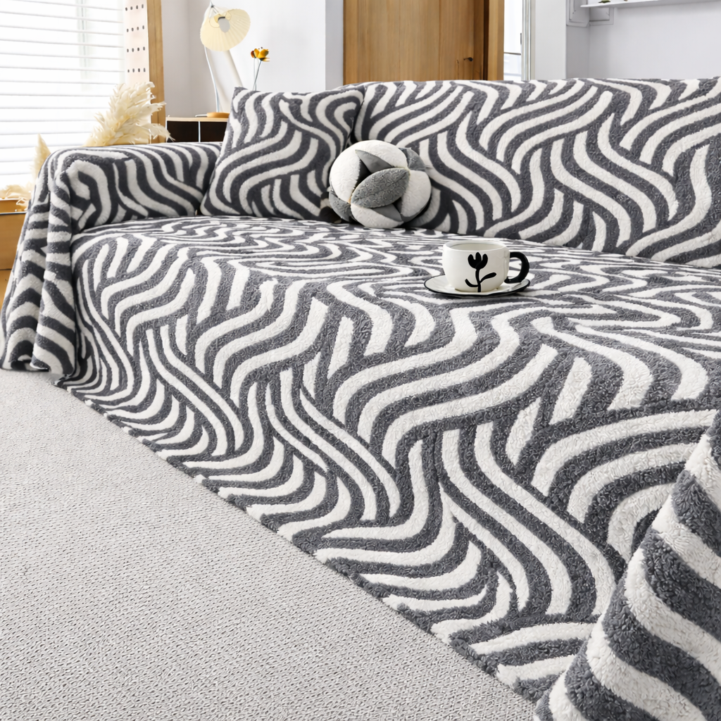Classic Fuzzy Striped Curved Plush Sofa Couch Cover