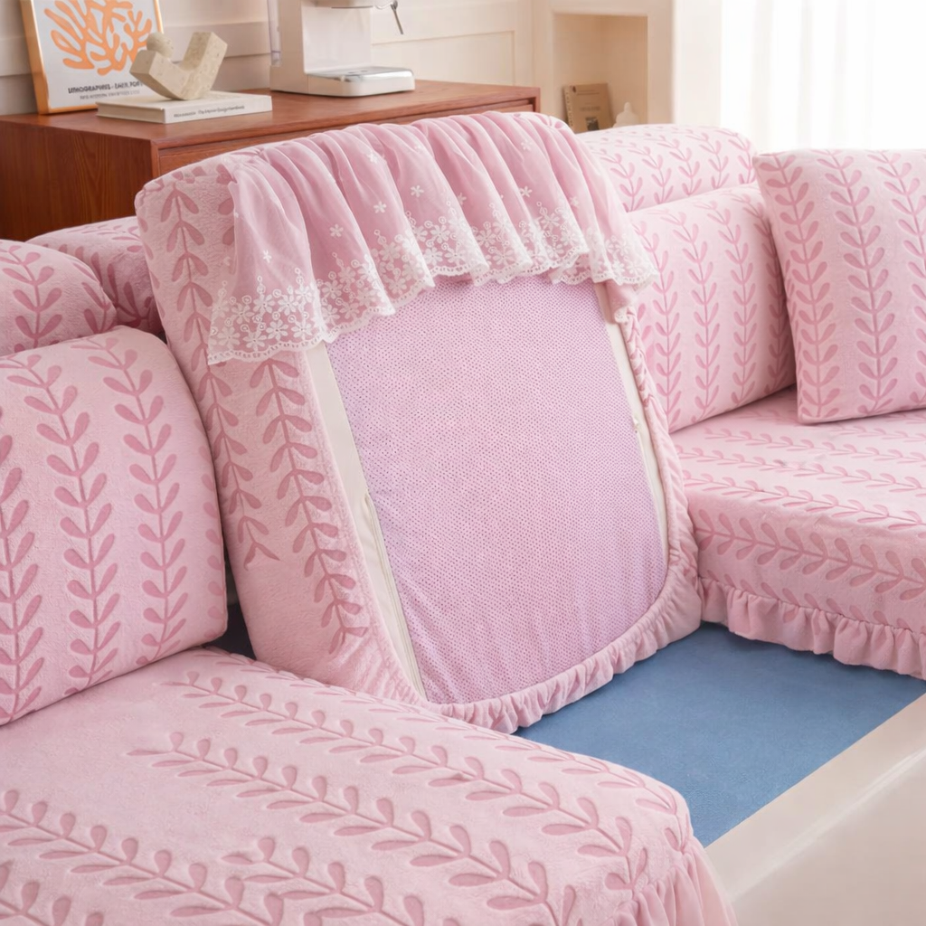 Anti-Slip L Shaped Leaf Skirted Cushion Sofa Couch Cover
