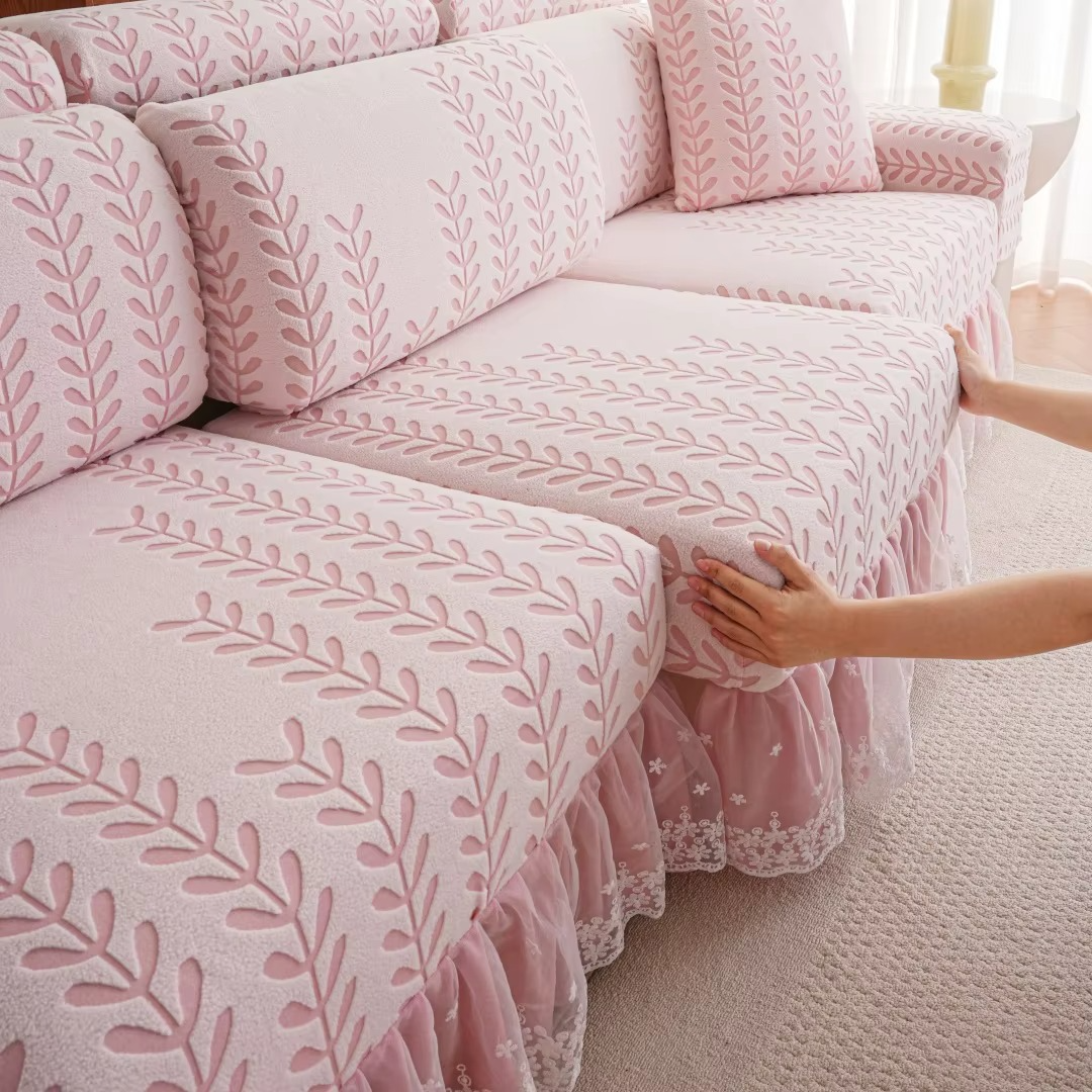 Anti-Slip L Shaped Leaf Skirted Cushion Sofa Couch Cover