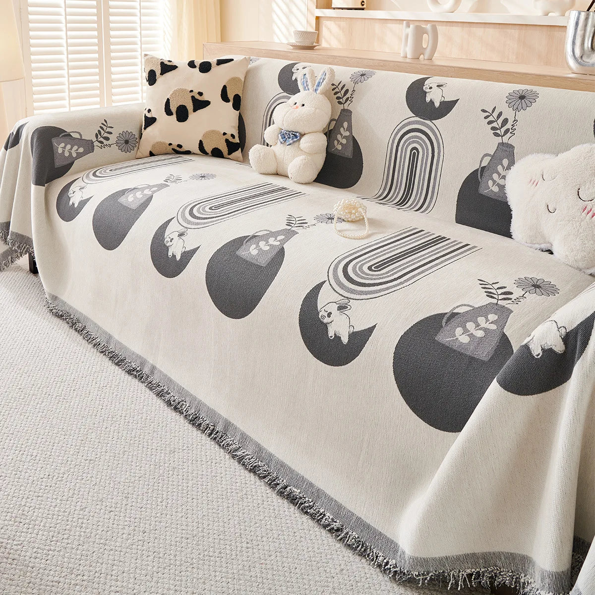 Non-Slip Geometric Diamond Chenille Tassels Sofa Couch Cover
