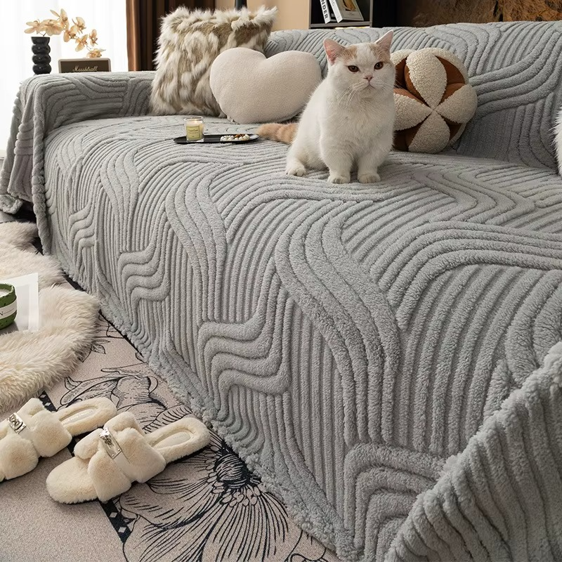 Classic Fuzzy Curved Striped Plush Sofa Couch Cover