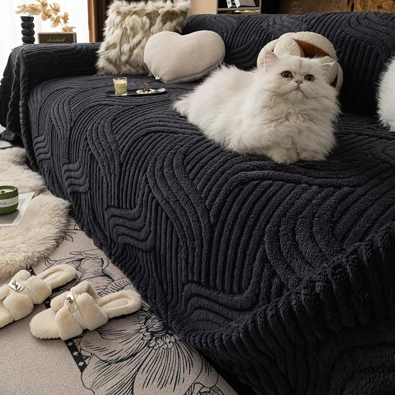 Classic Fuzzy Curved Striped Plush Sofa Couch Cover