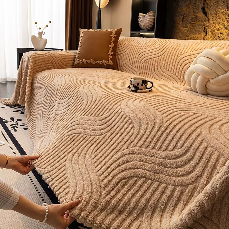 Classic Fuzzy Curved Striped Plush Sofa Couch Cover