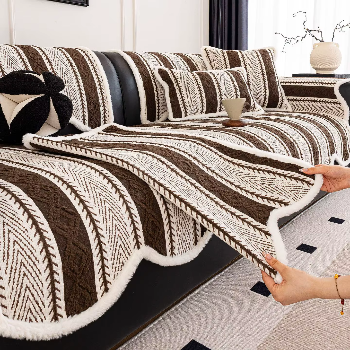 Chenille  Anti Slip Stripe Sofa Couch Cover