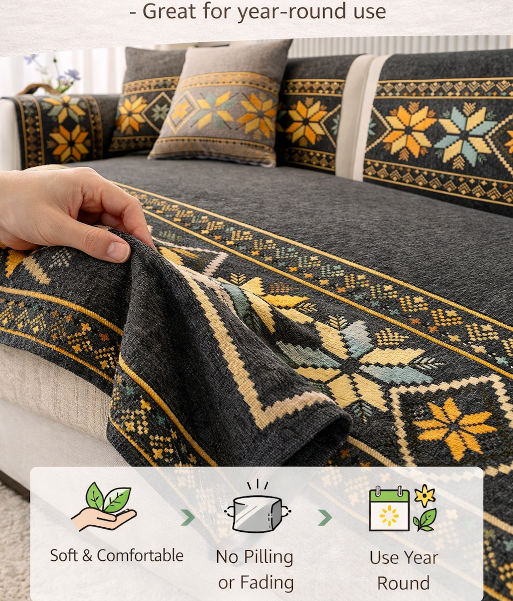 Non Slip Boho Chenille Geometric Sofa Couch Cover