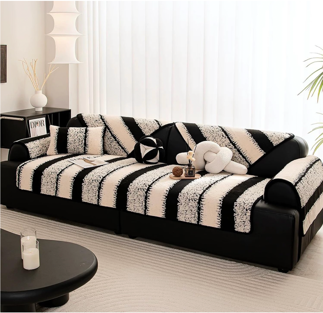 Non Slip Fuzzy Plush Striped Mat Couch Sofa Cover