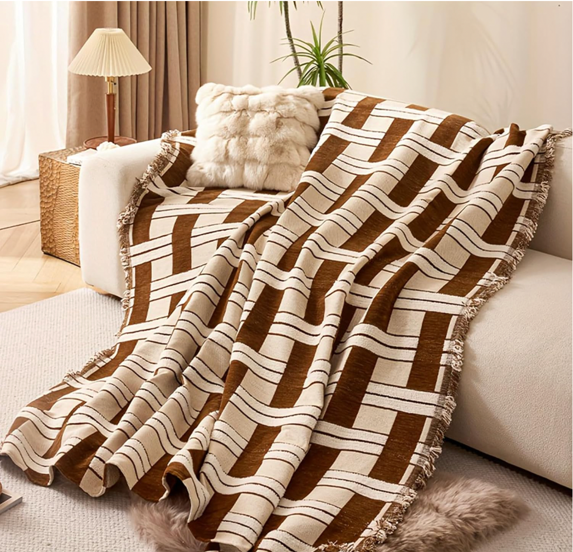 Geometric Plaid Reversible Tassels Sofa Couch Cover