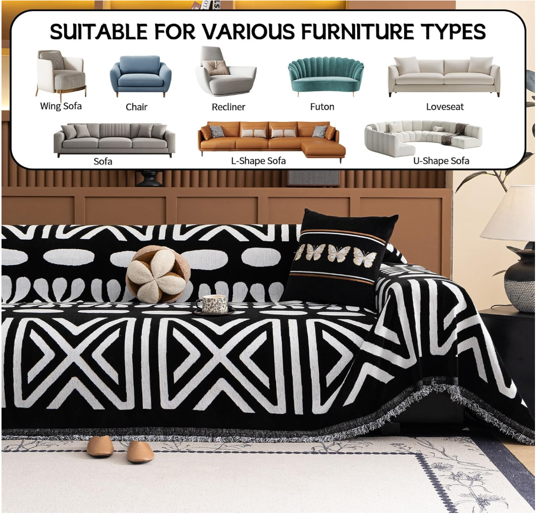 Non-Slip Boho Geometric Tassels Reversible Sofa Couch Cover