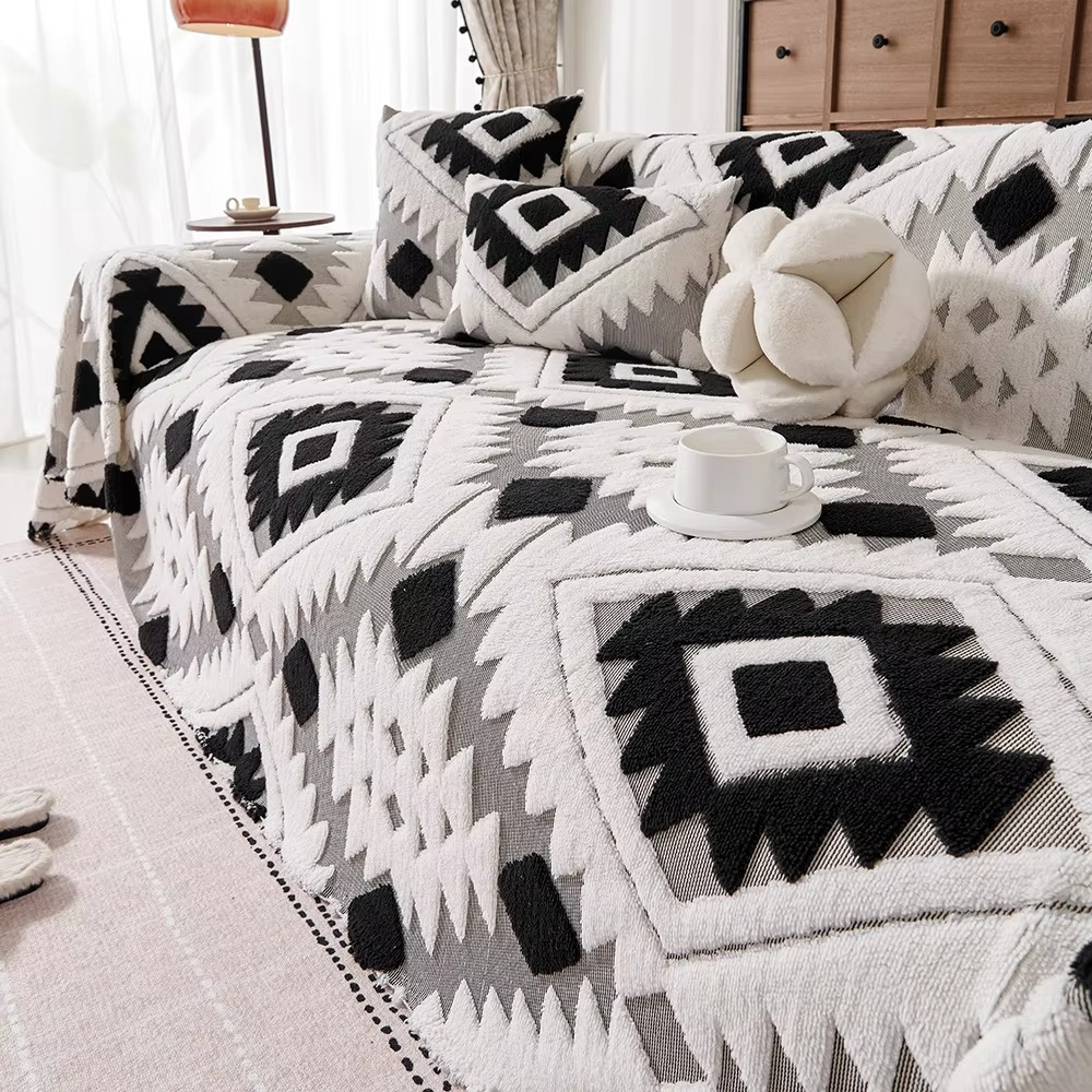 Non Slip Boho Fuzzy Geometric Sofa Couch Cover