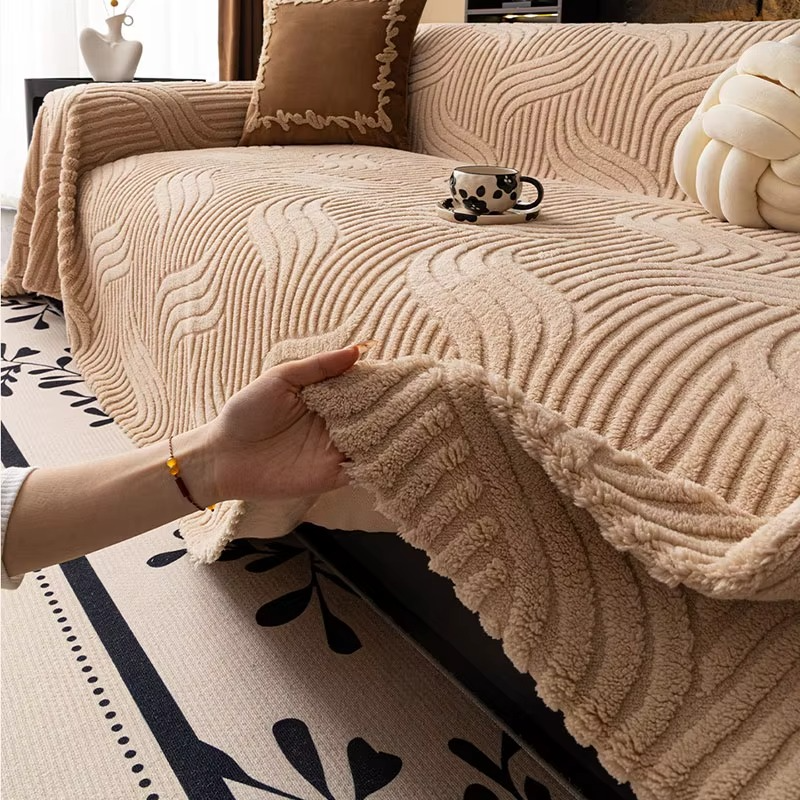 Classic Fuzzy Curved Striped Plush Sofa Couch Cover