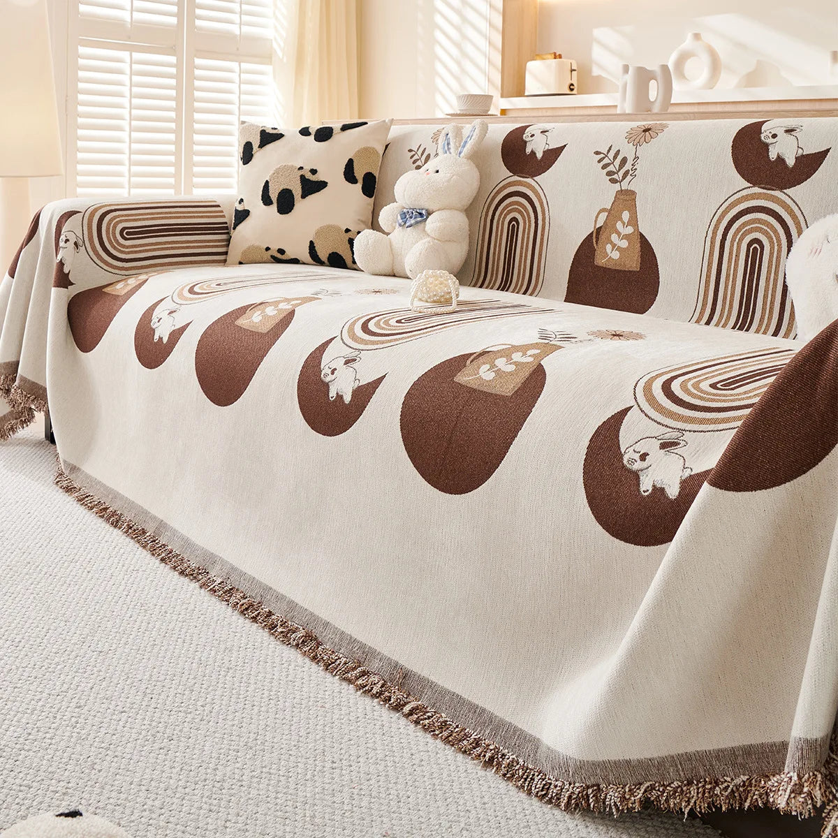 Non-Slip Geometric Diamond Chenille Tassels Sofa Couch Cover