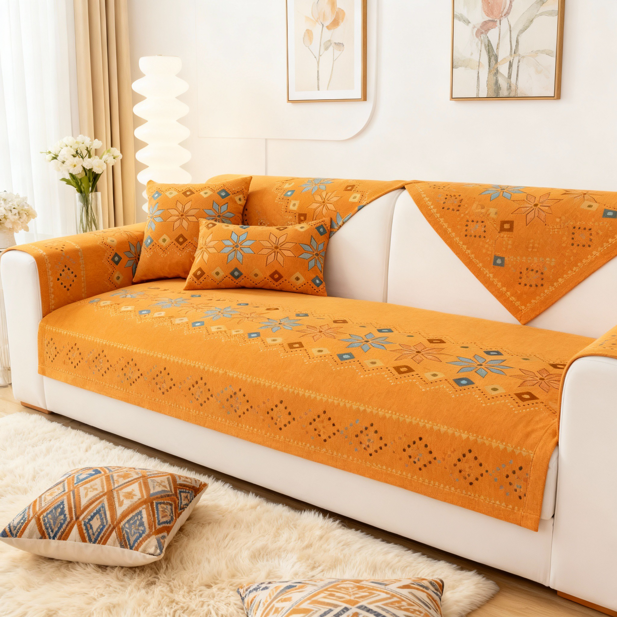 Boho Chenille Geometric Non Slip Sofa Couch Cover