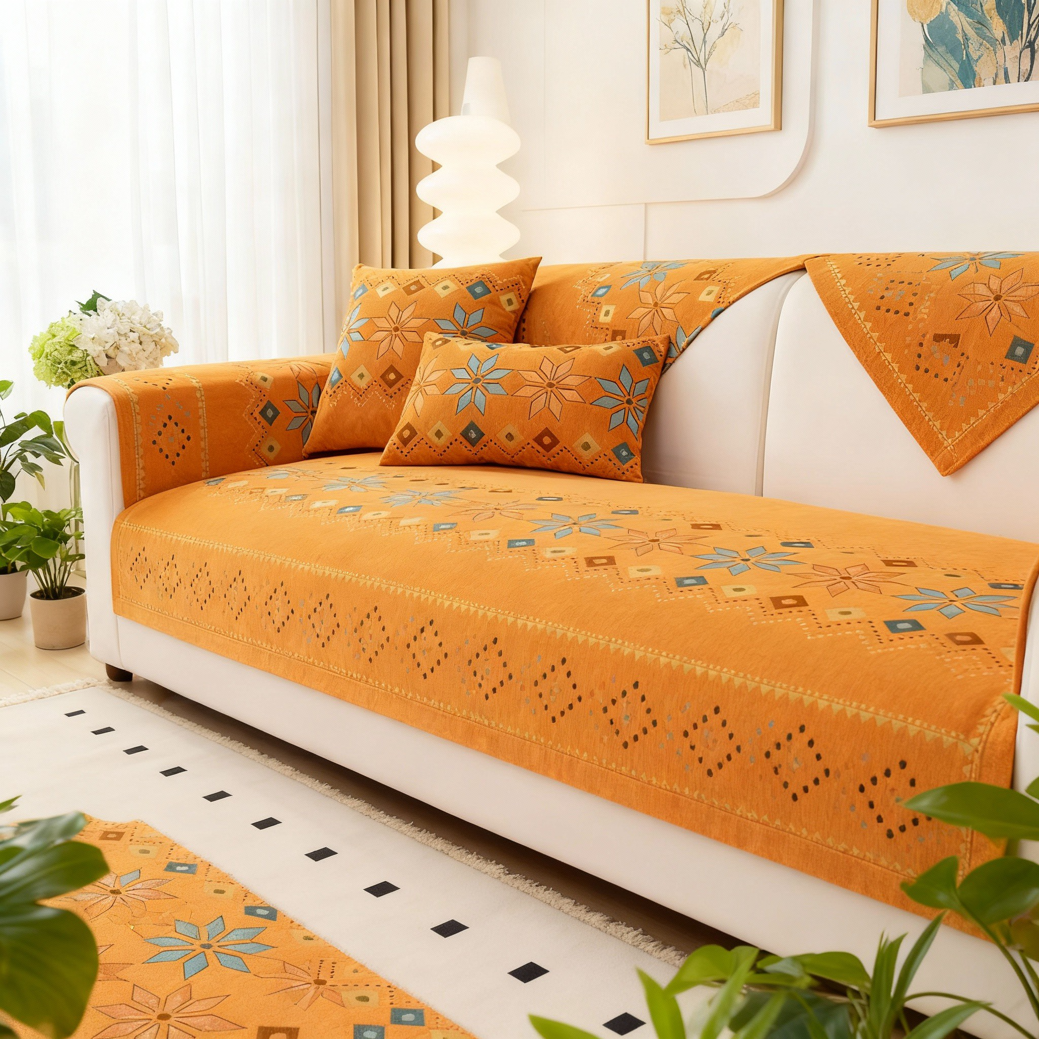 Boho Chenille Geometric Non Slip Sofa Couch Cover