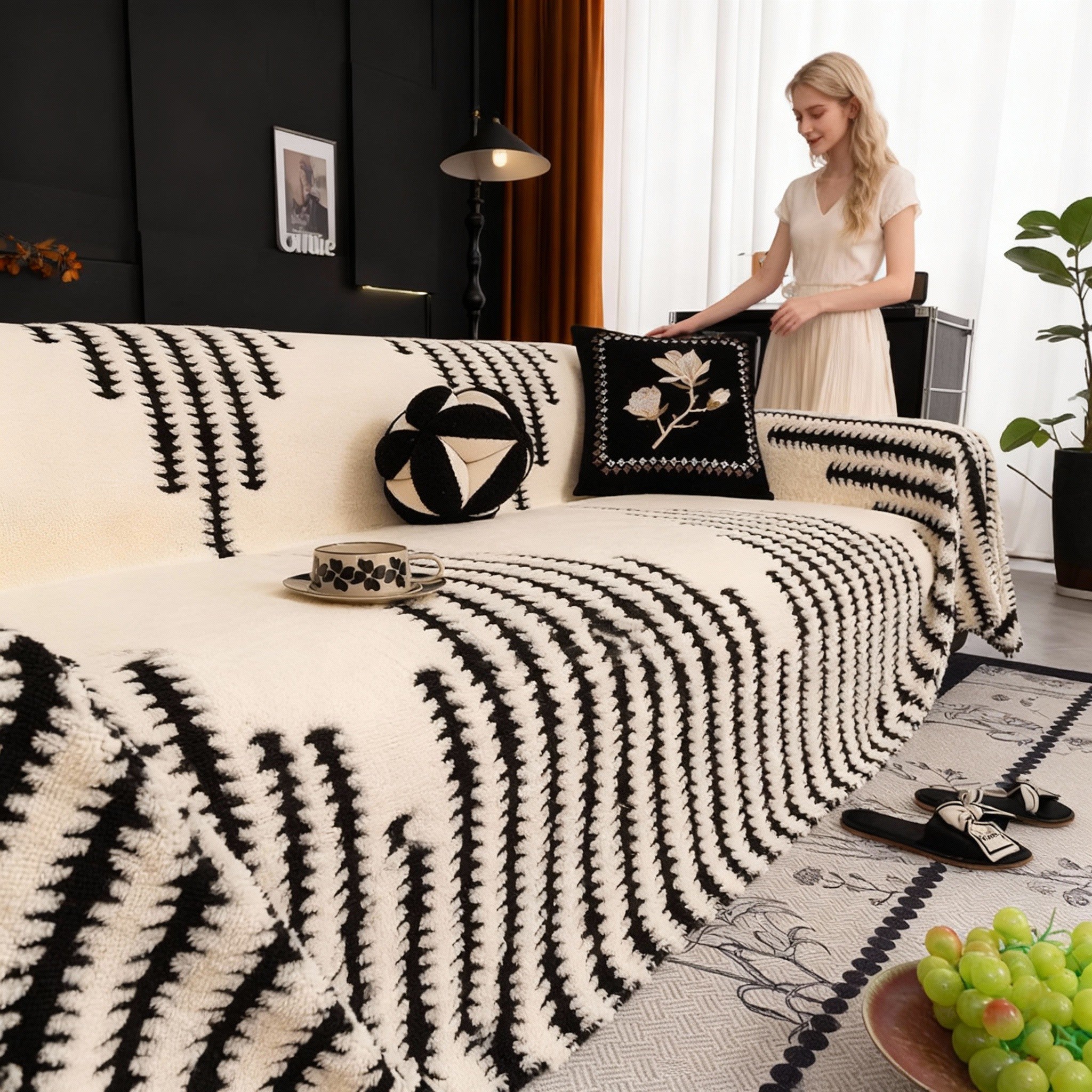 Fuzzy Plush Elegance Anti-Slip Tassels Sofa Couch Cover
