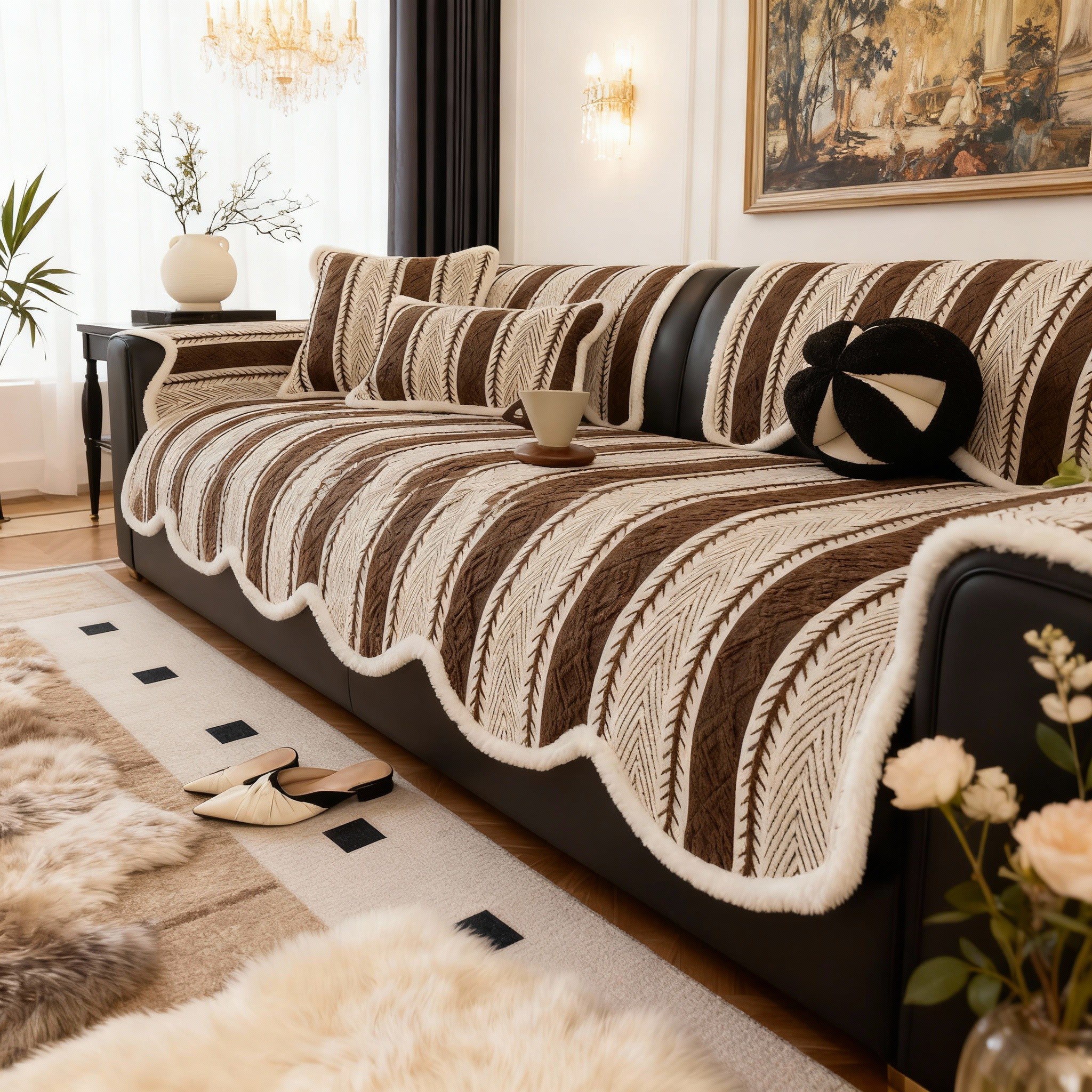 Elegant Chenille Anti Slip Stripe Sofa Couch Cover