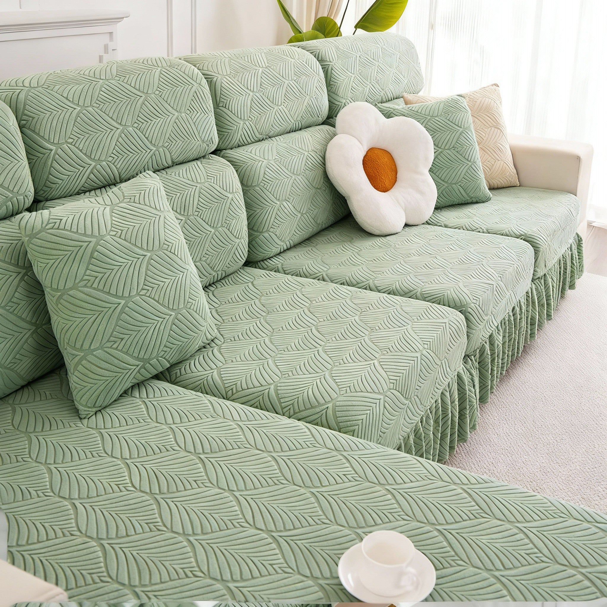 Jacquard Anti-Slip L Shaped Skirt Cushion Sofa Couch Cover