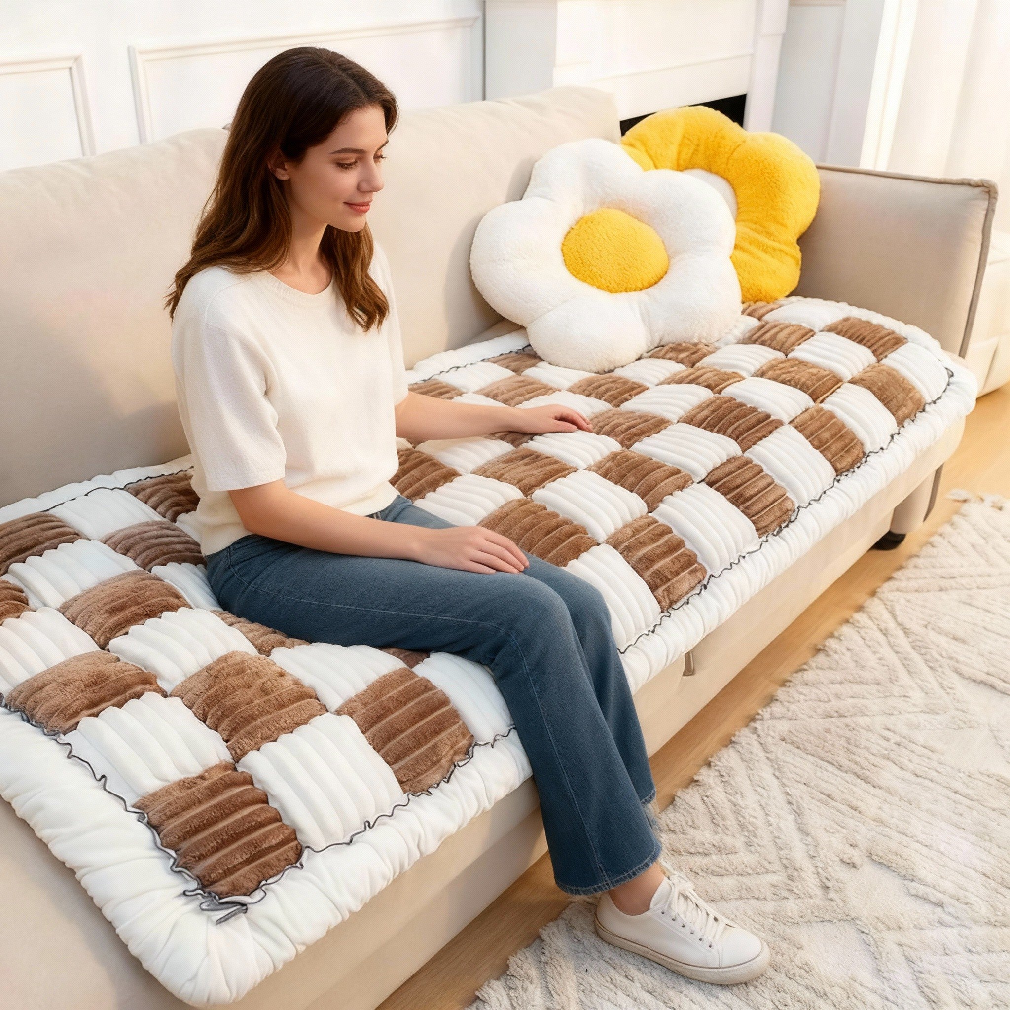 Non Slip Plaid Fuzzy Pet Dog Mat Bed Couch Cover
