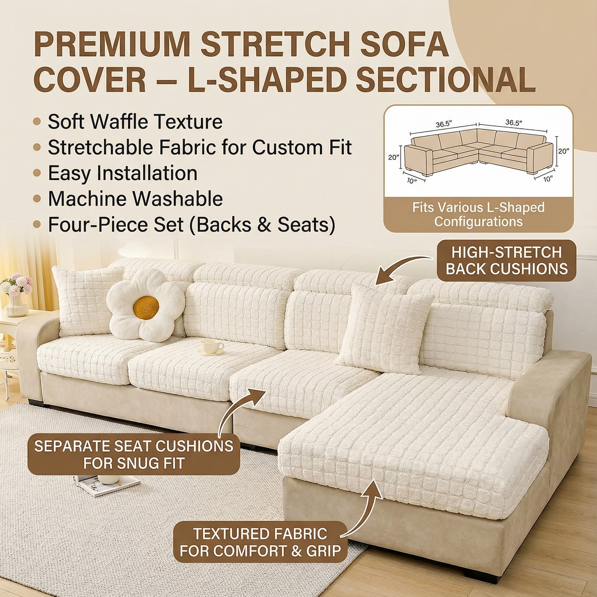 L Shaped Sectional Jacquard Fleece Cushion Sofa Couch Cover