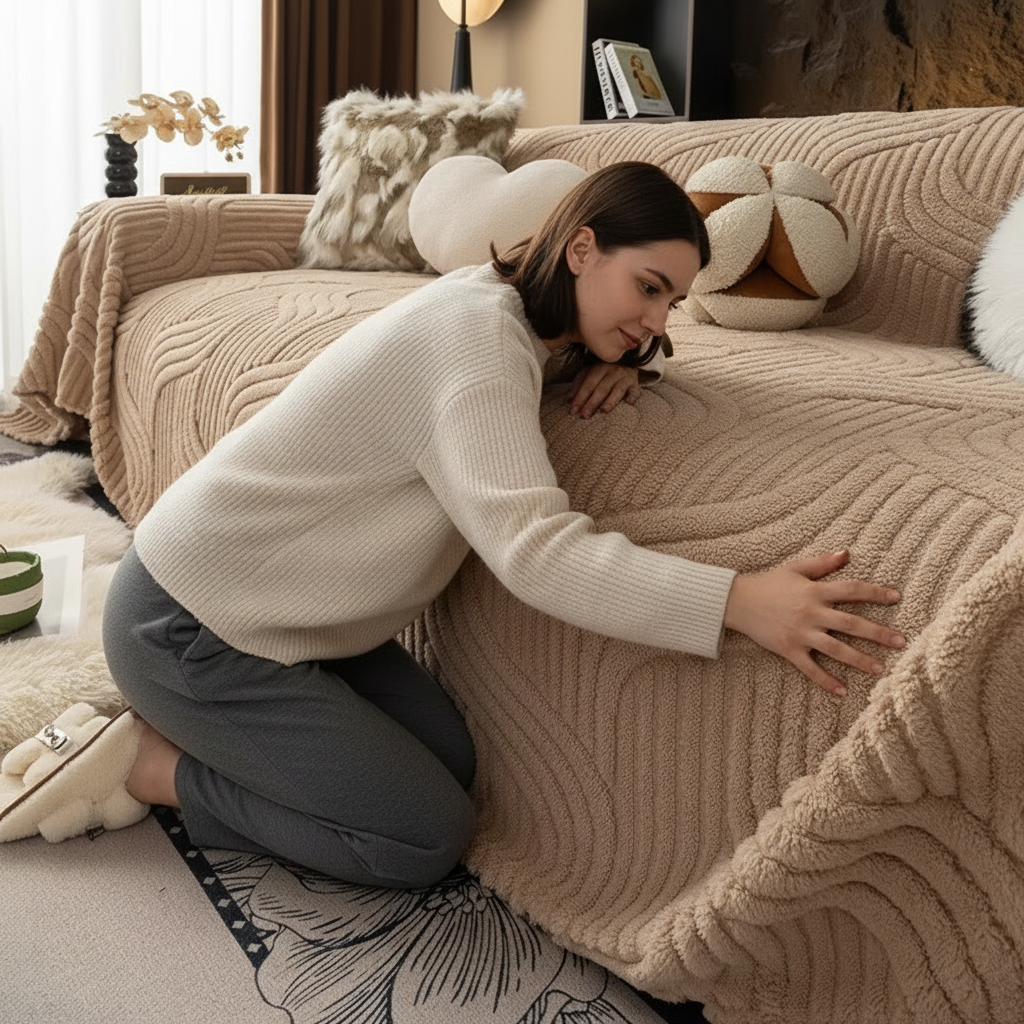 Classic Fuzzy Curved Striped Plush Sofa Couch Cover