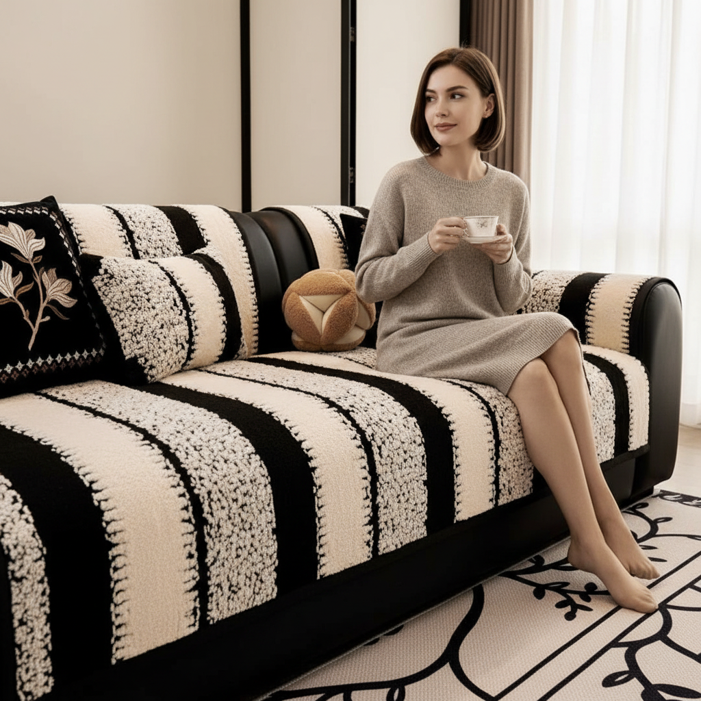 Non Slip Fuzzy Plush Striped Mat Couch Sofa Cover