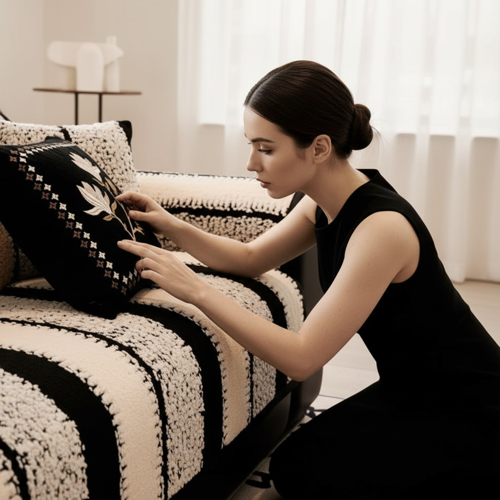 Non Slip Fuzzy Plush Striped Mat Couch Sofa Cover