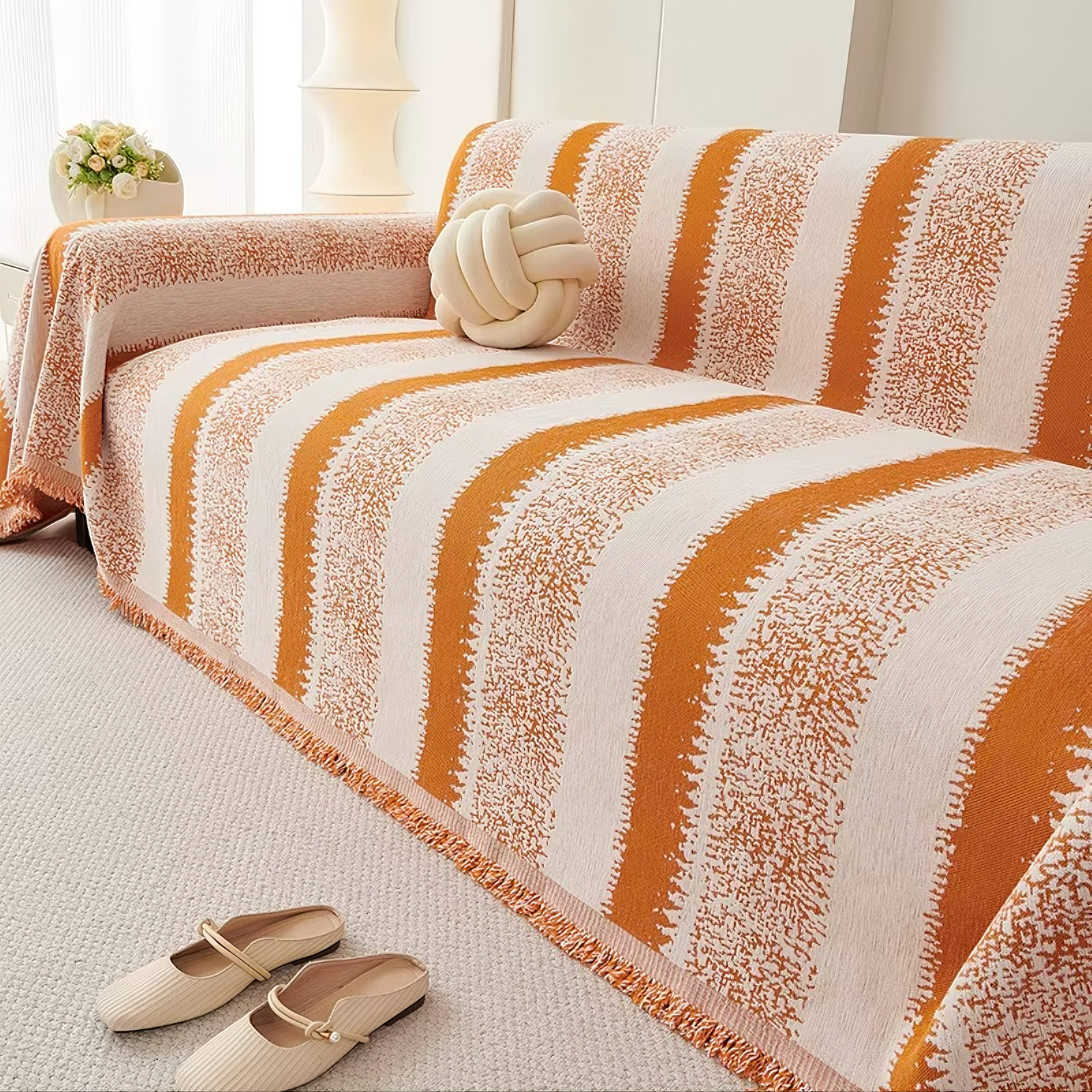 Non Slip Chenille Striped Tassels Sofa Couch Cover