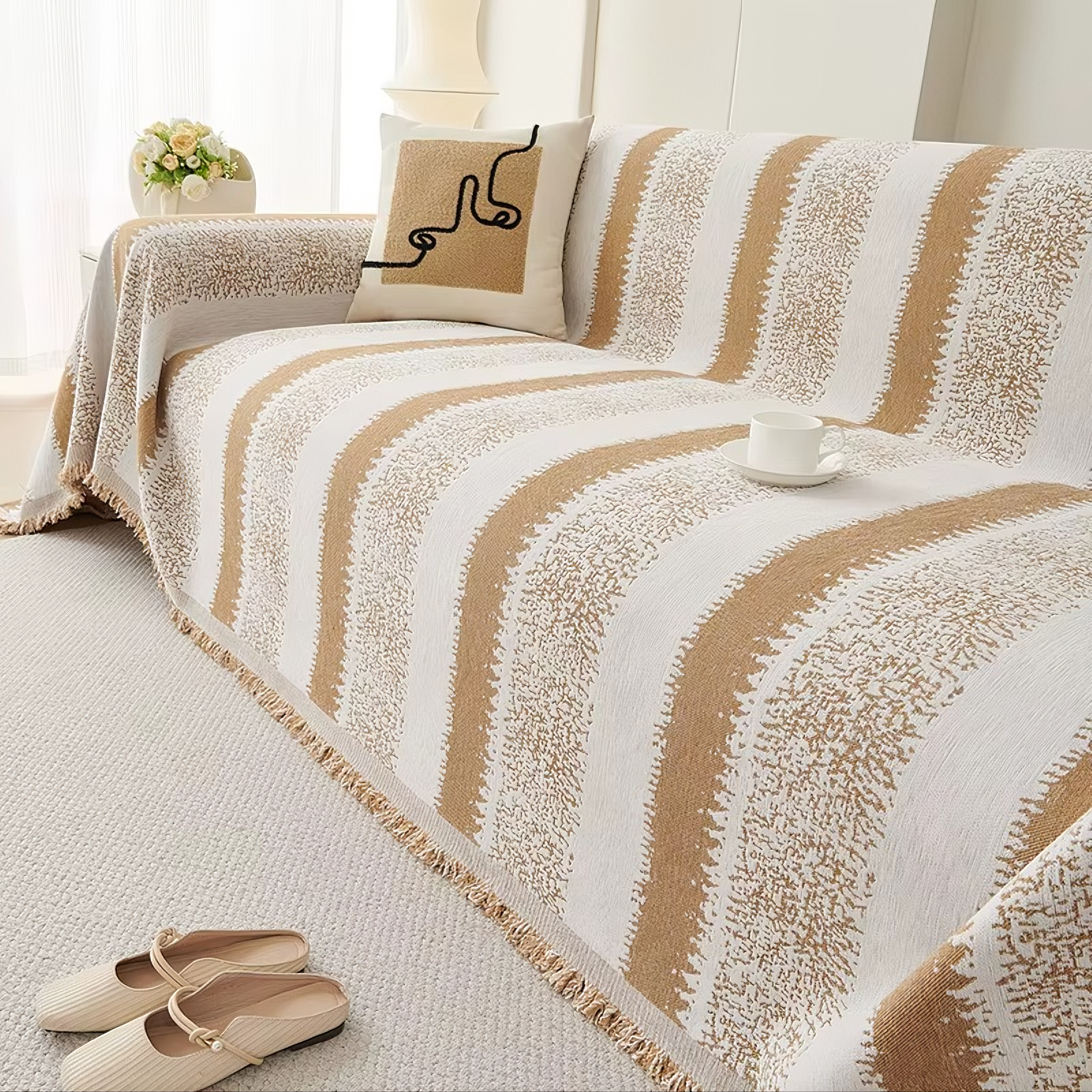 Non Slip Chenille Striped Tassels Sofa Couch Cover