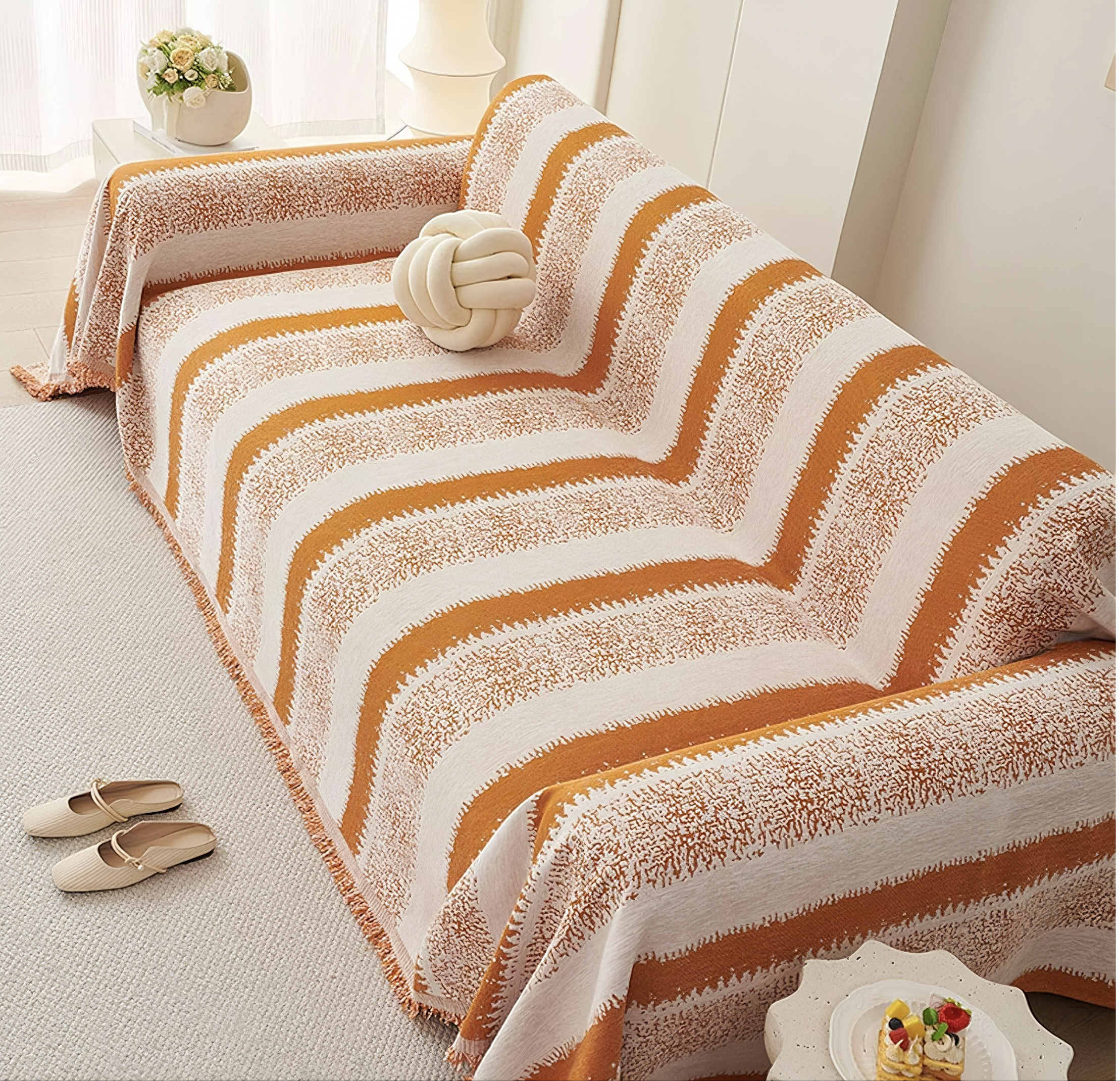Non Slip Chenille Striped Tassels Sofa Couch Cover