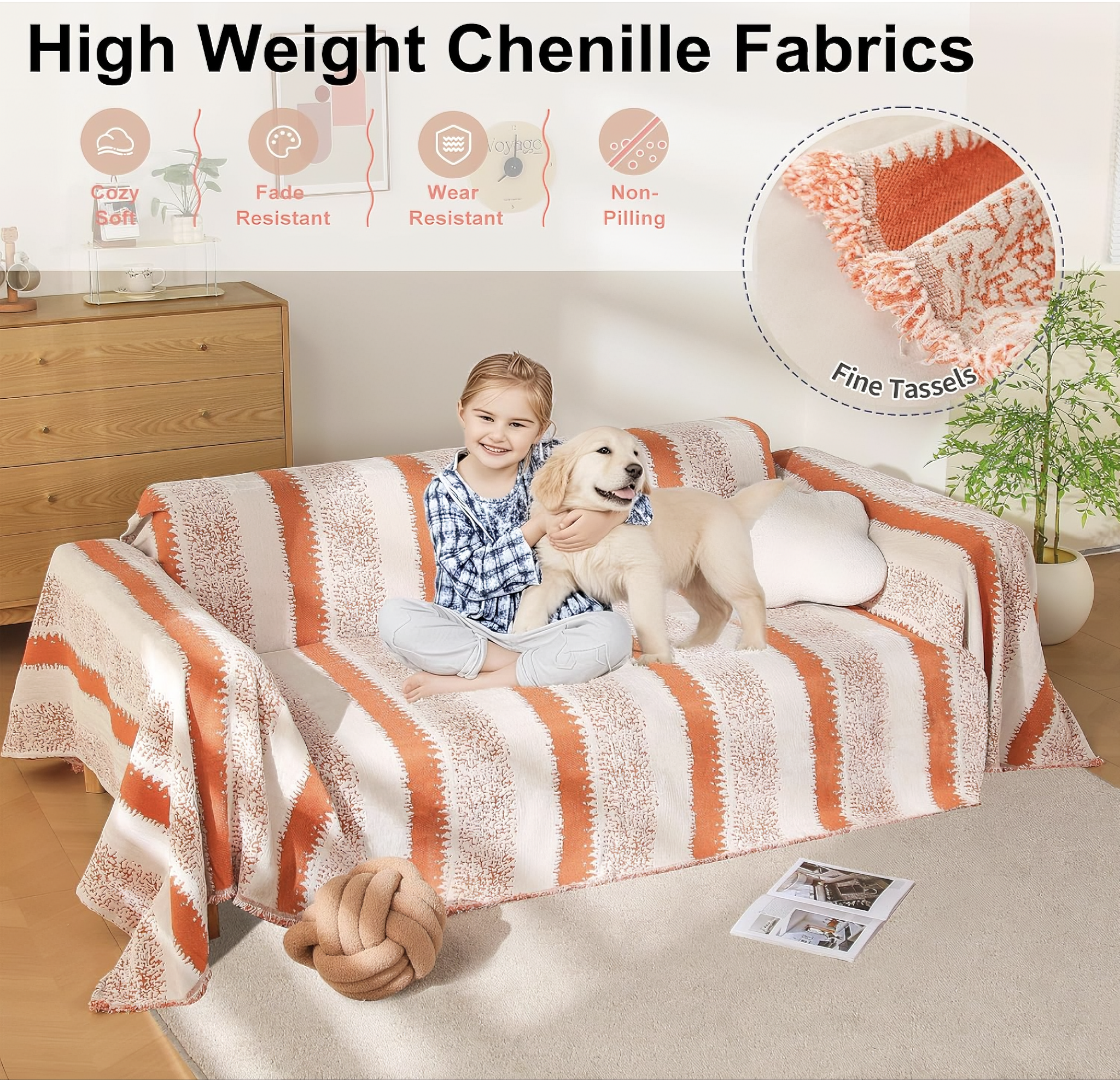 Non Slip Chenille Striped Tassels Sofa Couch Cover