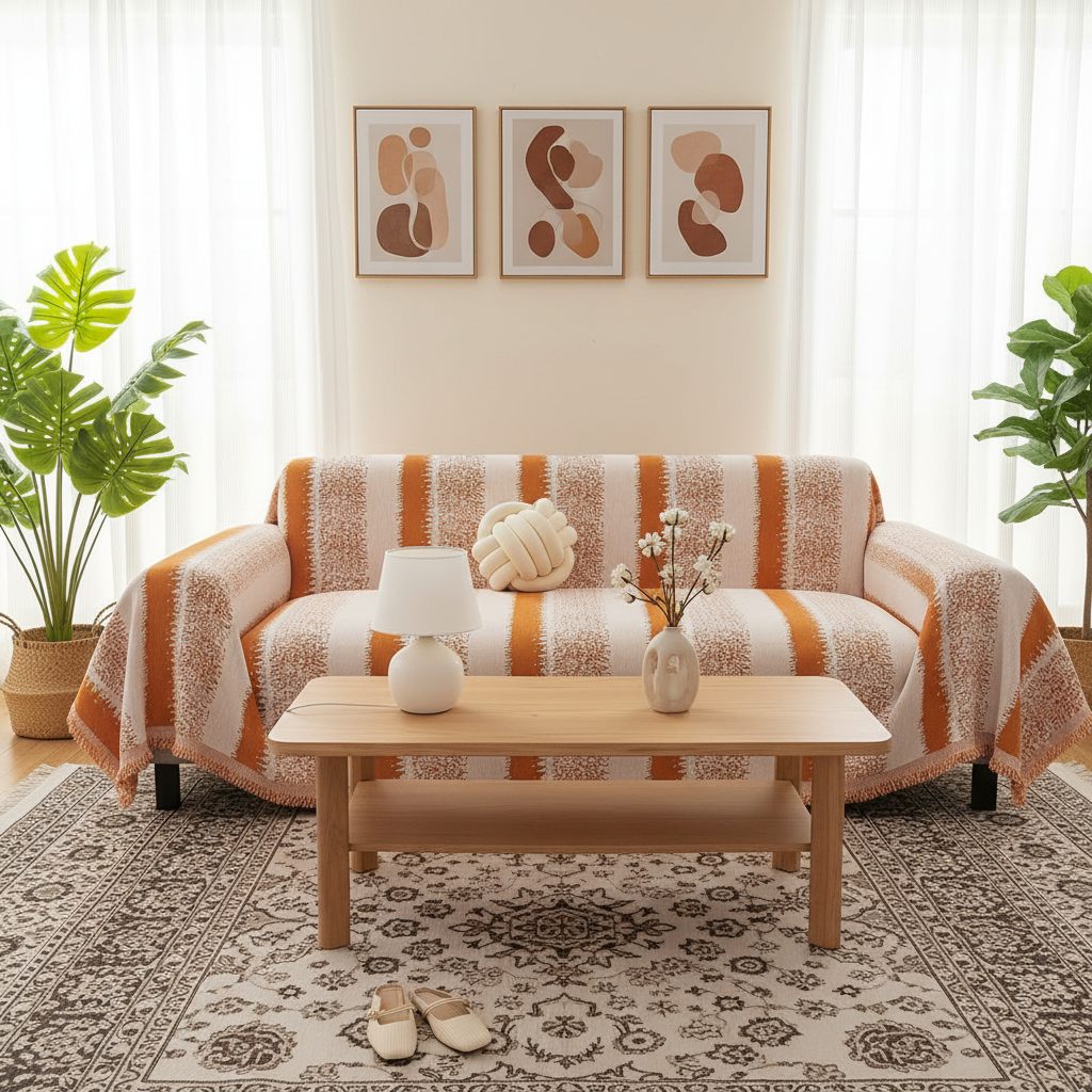Non Slip Chenille Striped Tassels Sofa Couch Cover