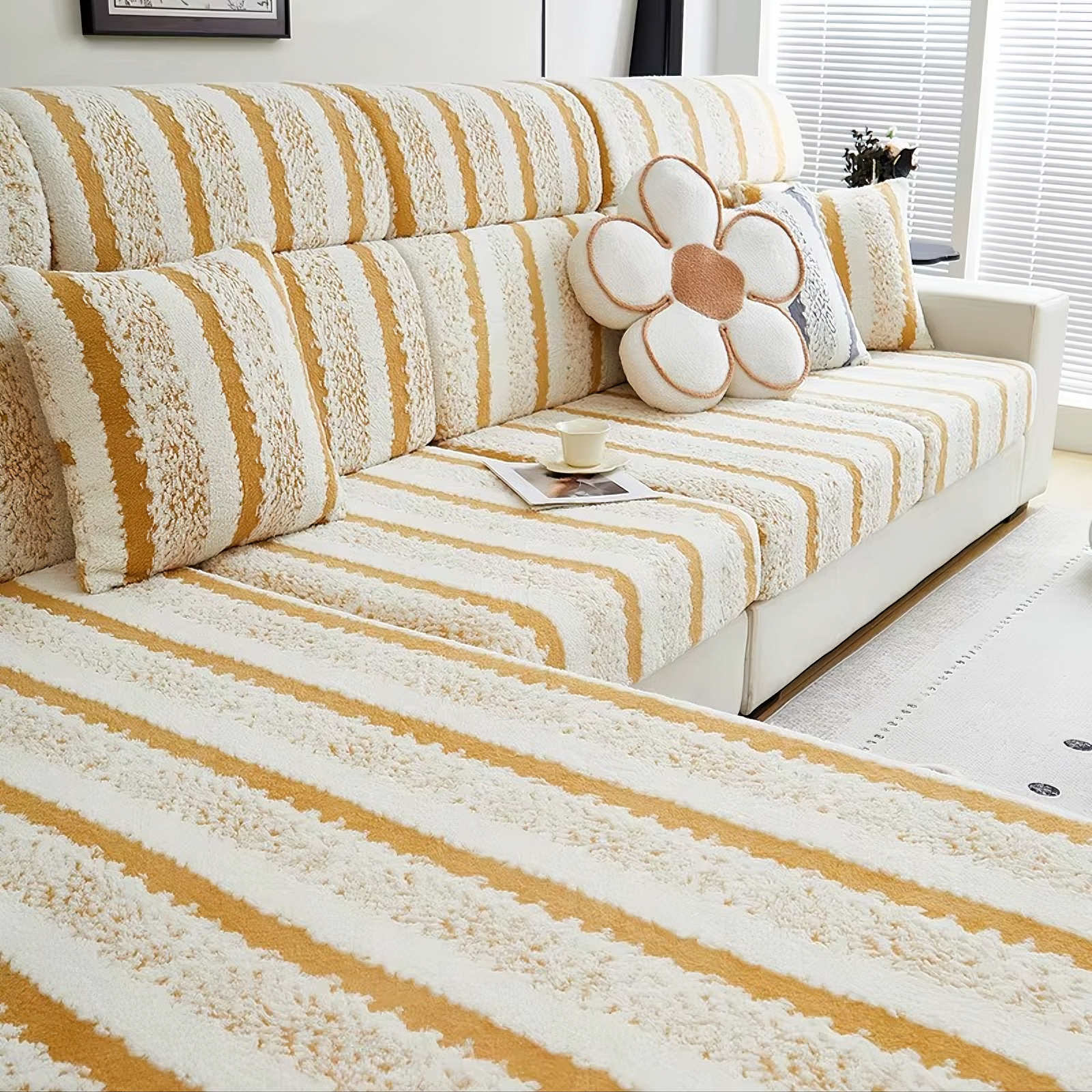 L Shaped Sectional Striped Plush Cushion Sofa Couch Cover
