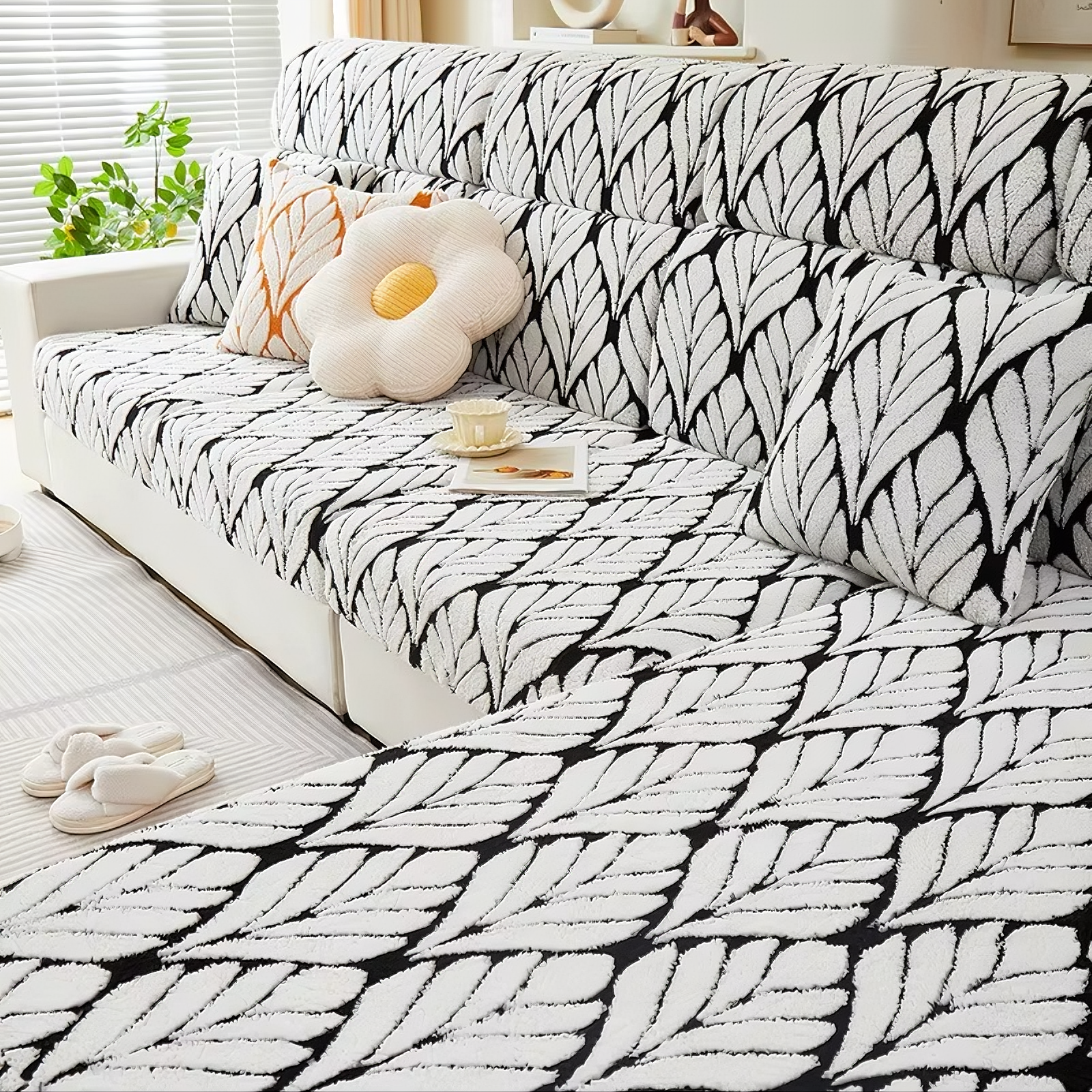 L Shaped Sectional Leaf Plush Cushion Sofa Couch Cover