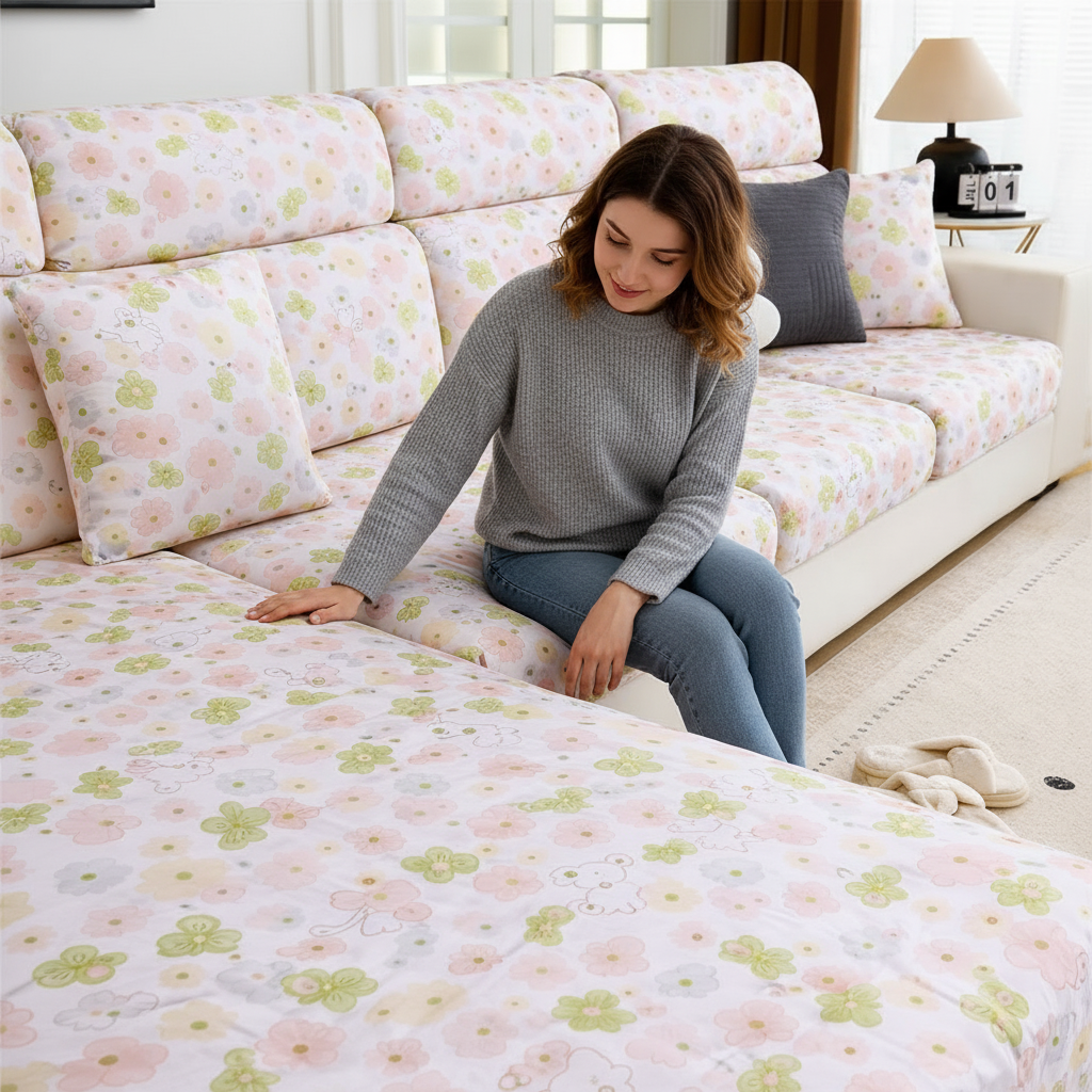 Floral Anti-Slip L Shaped Cushion Sofa Couch Cover