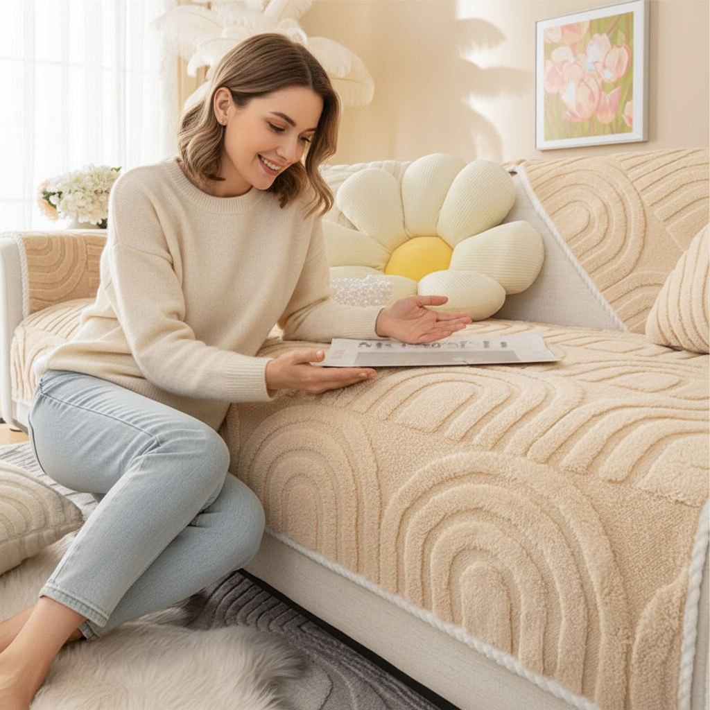 Non-Slip Geometric Plush Fuzzy Furry Sofa Couch Cover