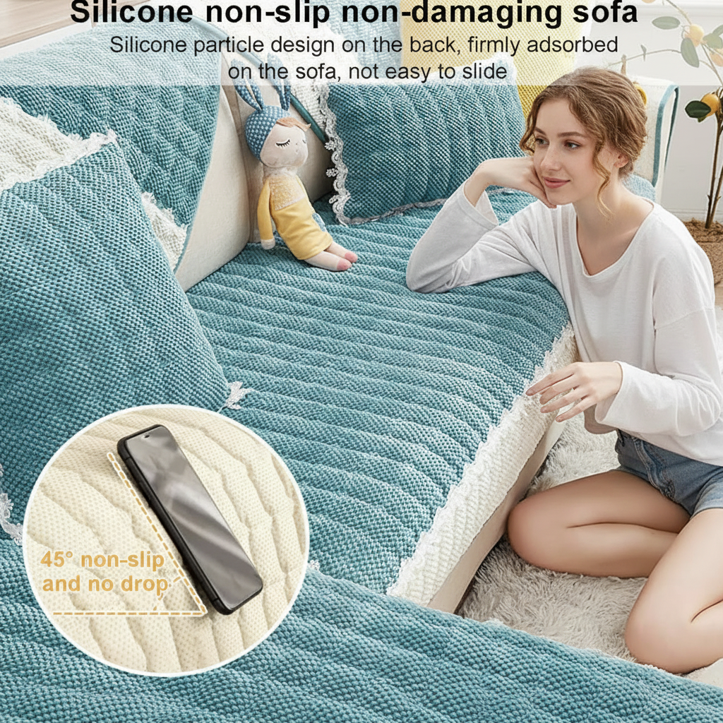 Non-Slip Quilted Lace Plush Sofa Couch Cover