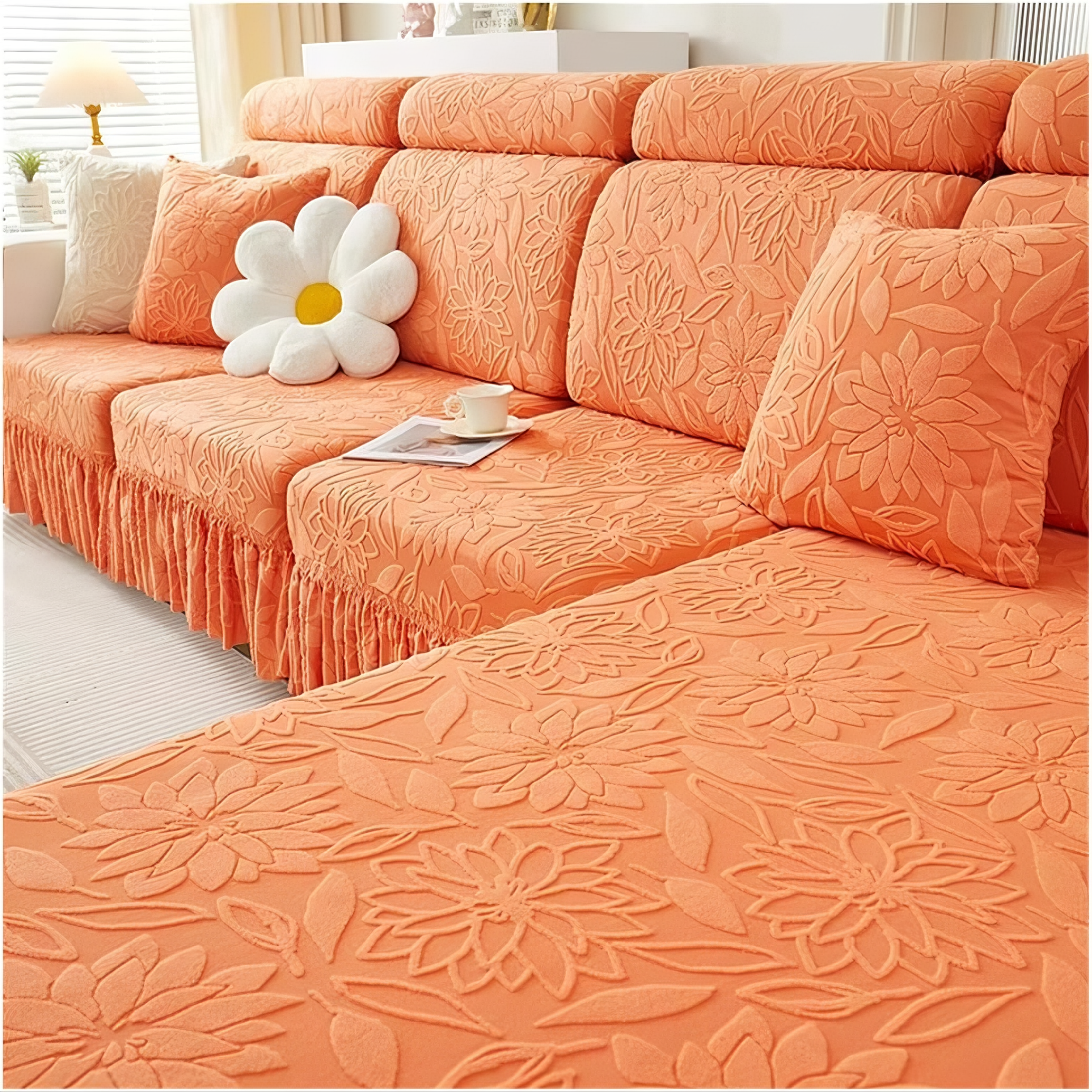 Boho Floral Cushion Skirted L Shaped Slipcover Sofa Couch Cover