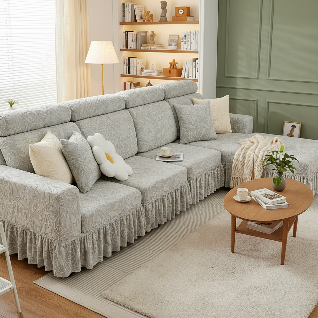 Boho Floral Cushion Skirted L Shaped Slipcover Sofa Couch Cover