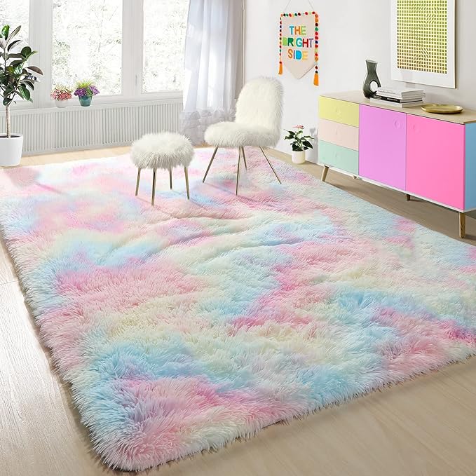 Rainbow Shag Area Rug Fluffy Tie-Dye Carpet